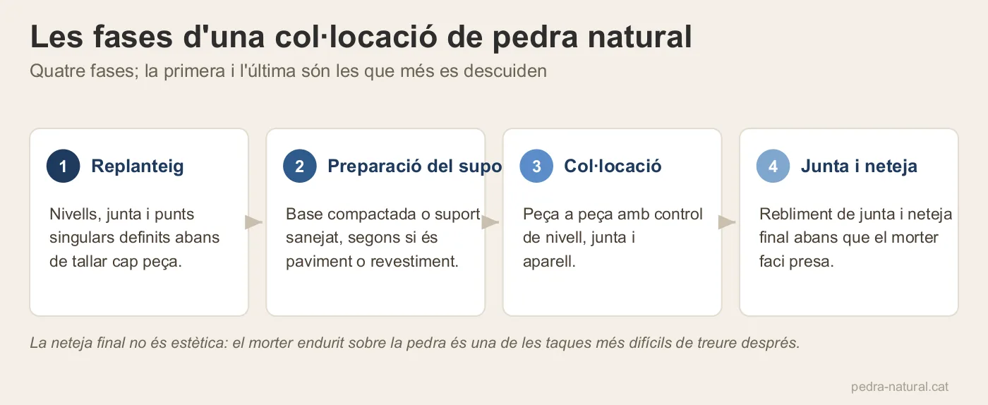 Les quatre fases d'una col·locació de pedra: replanteig, preparació del suport, col·locació i junta