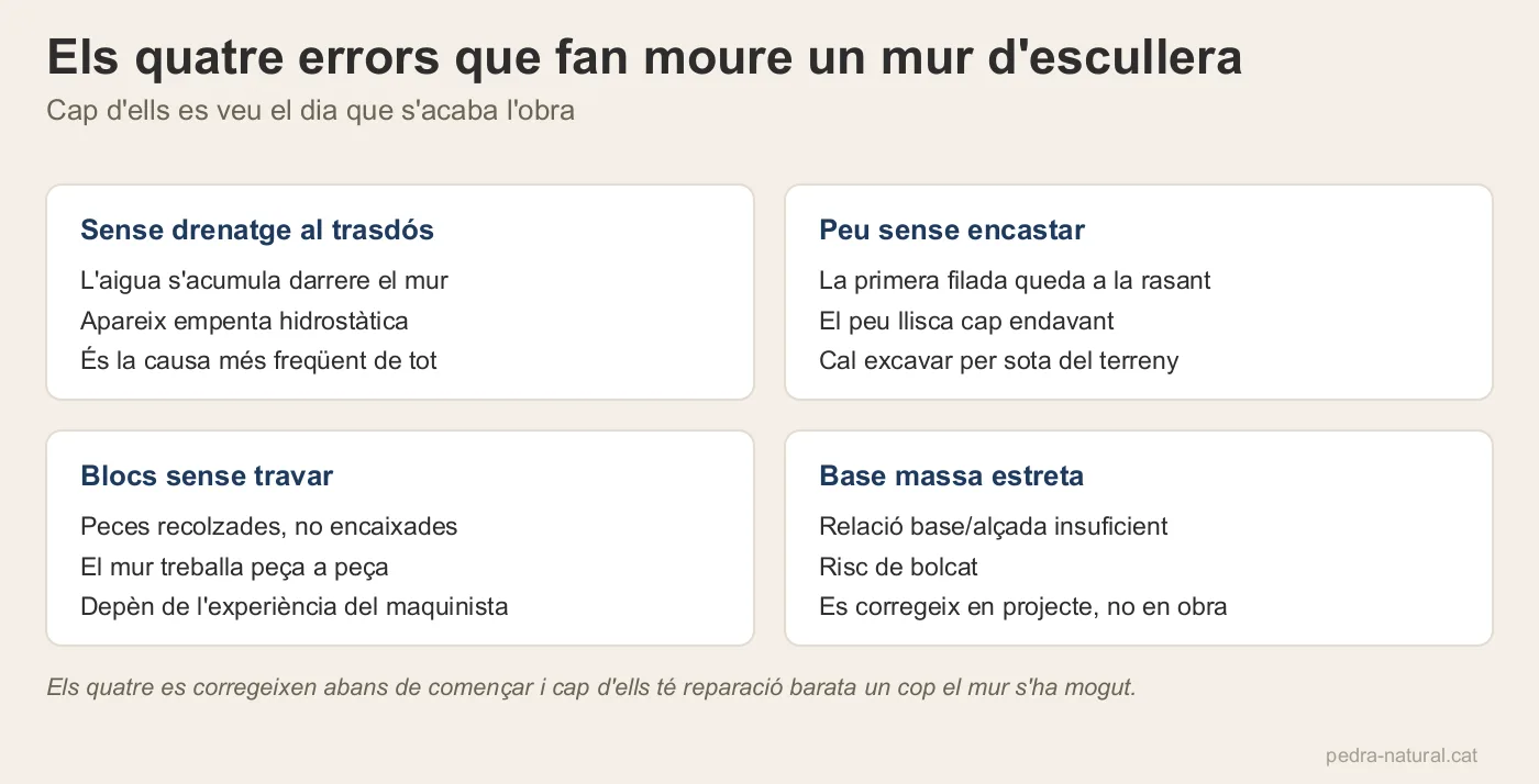 Els quatre errors típics en murs d'escullera: sense drenatge, peu sense encastar, blocs sense travar i base estreta