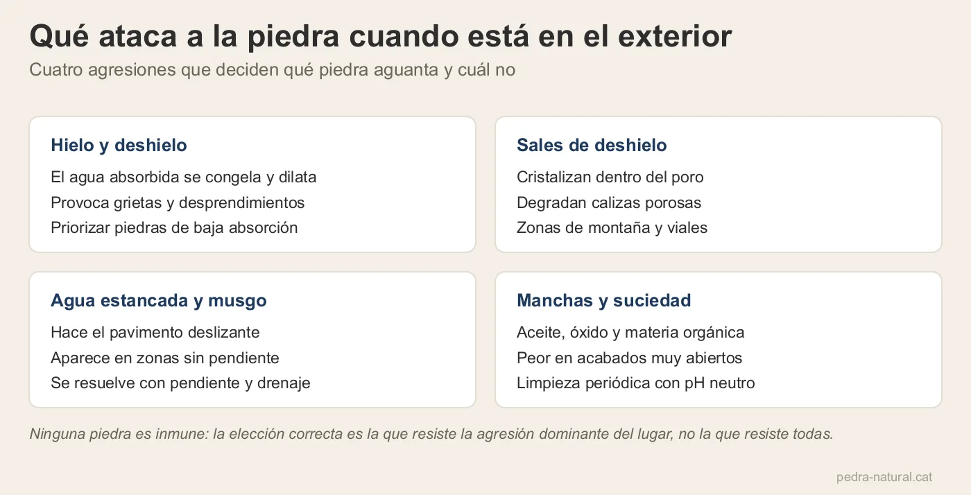 Cuatro agresiones sobre la piedra en exterior: hielo y deshielo, sales, agua estancada y manchas