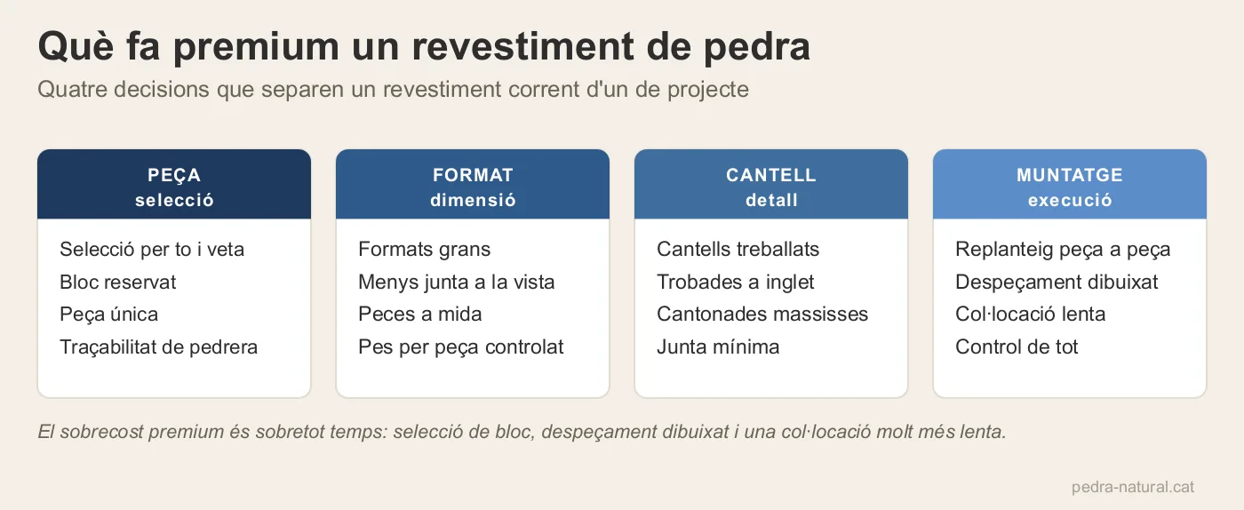 Quatre decisions que fan premium un revestiment de pedra: peça, format, cantell i muntatge