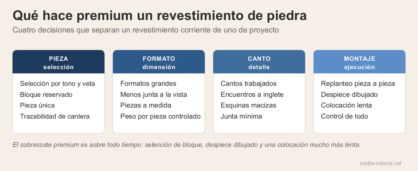 Cuatro decisiones que hacen premium un revestimiento de piedra: pieza, formato, canto y montaje