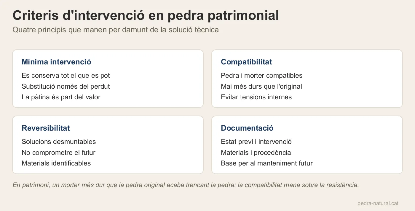 Quatre criteris d'intervenció en pedra patrimonial: mínima intervenció, compatibilitat, reversibilitat i documentació